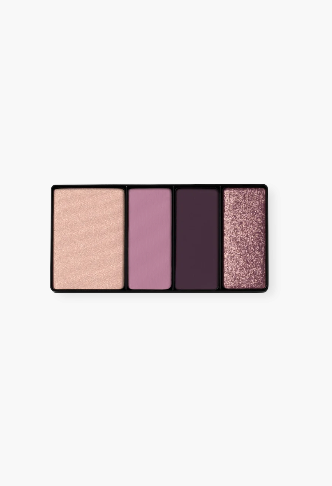 GLAM MODA Eye Wardrobe eyeshadow palette featuring four purple and mauve shades in matte and shimmering finishes.