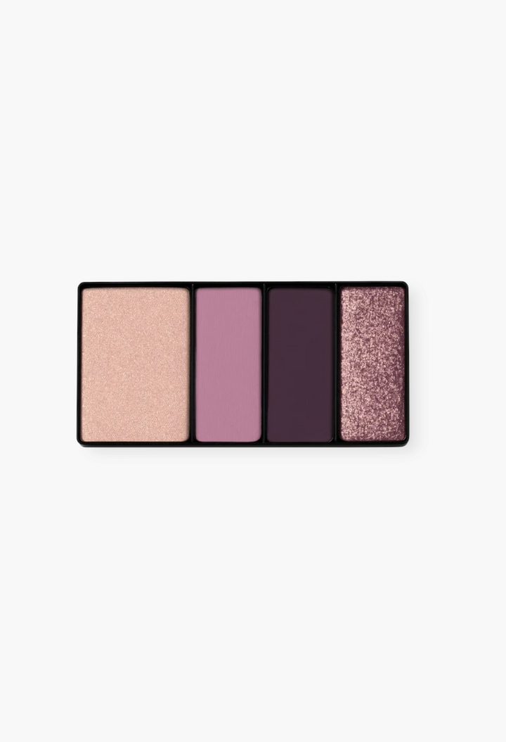 GLAM MODA Eye Wardrobe eyeshadow palette featuring four purple and mauve shades in matte and shimmering finishes.