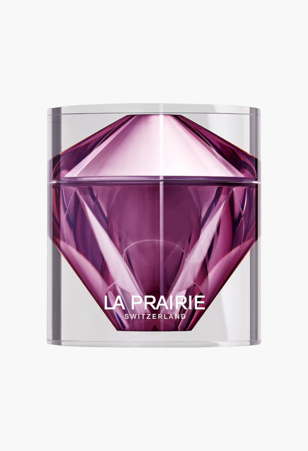 GLAM MODA La Prairie Platinum Rare Haute-Rejuvenation Cream in a luxurious purple faceted glass jar.