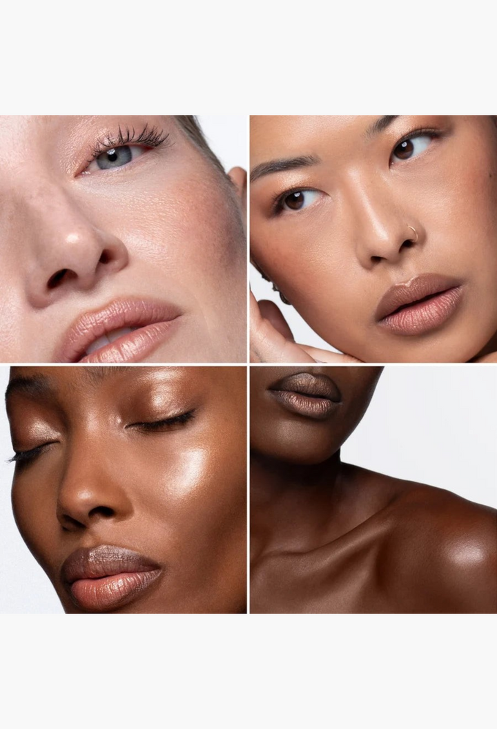 GLAM MODA Hyper Shine Lite Pigment applied to diverse skin tones for a radiant, luminous glow on eyes, lips, and skin.