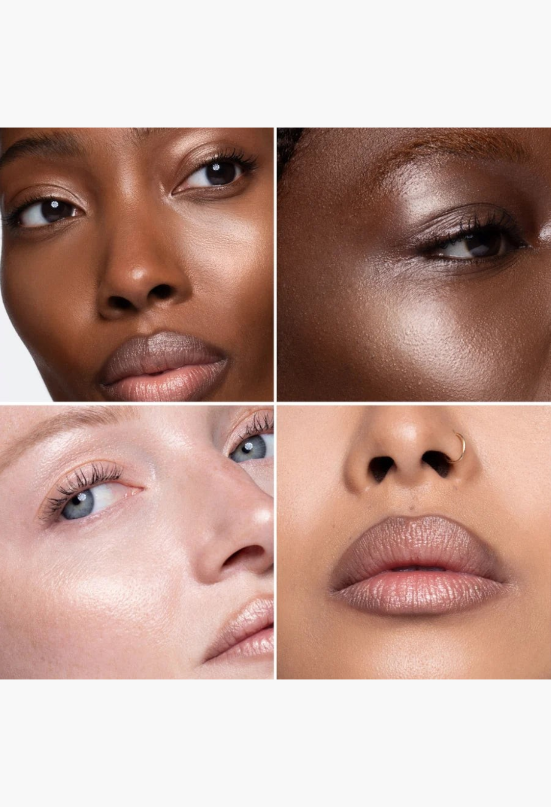 GLAM MODA Hyper Shine Lite Pigment applied to cheeks, eyes, and lips on diverse skin tones for a radiant glow.