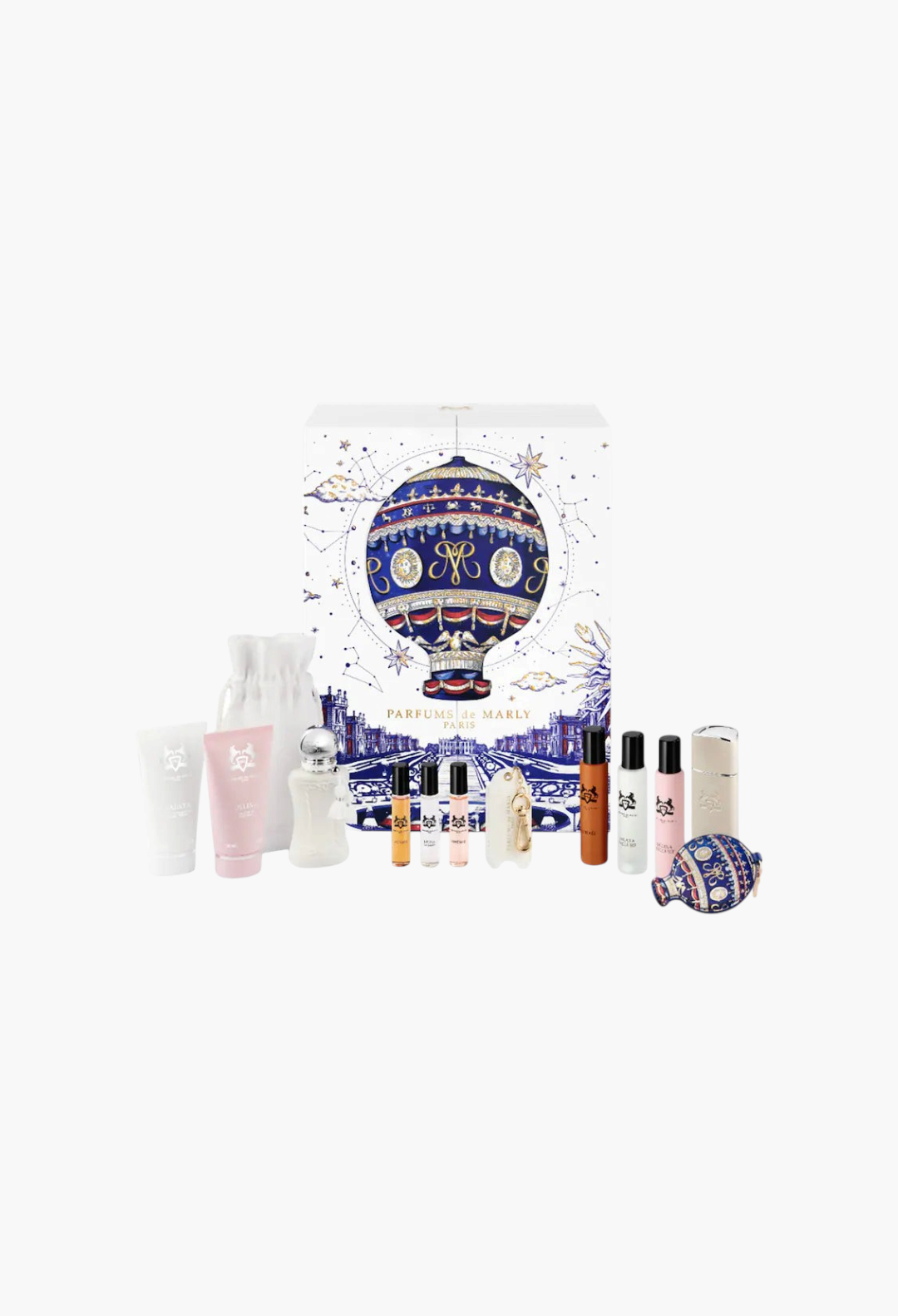 GLAM MODA Parfums de Marly advent calendar featuring 12 luxury perfume, body care, and accessory gifts in festive box.