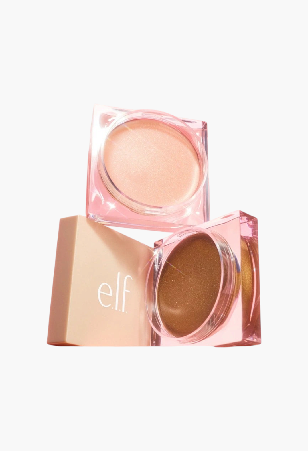 GLAM MODA Halo Glow Goddess Body Balm compacts in light and dark pearlescent shades on a soft pink background.