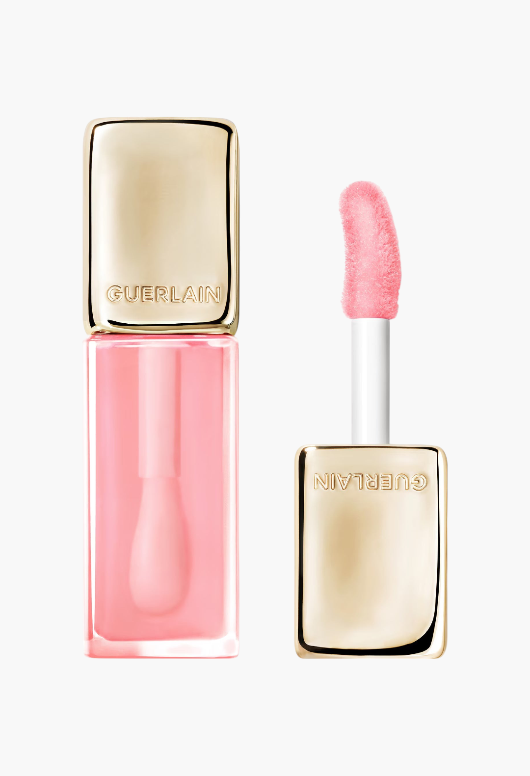GLAM MODA Guerlain KissKiss Bee Glow Oil in Rose Glow, a pink honey-infused tinted lip oil with a gold applicator cap.