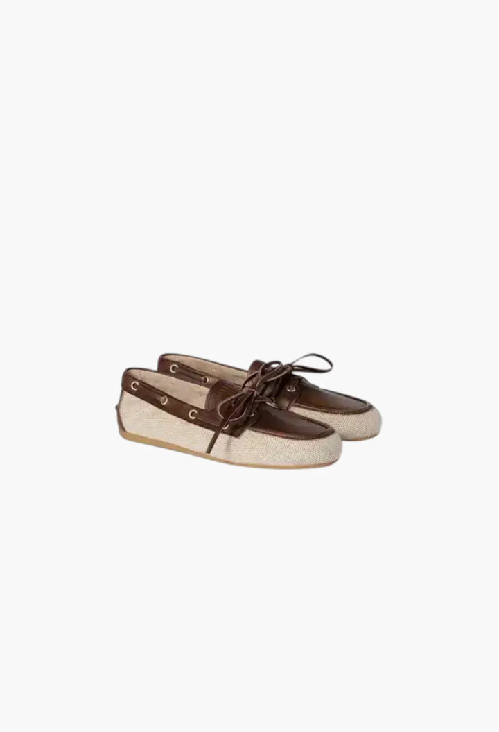 Beige/Brown - Canvas And Bleached Leather Boat Shoes