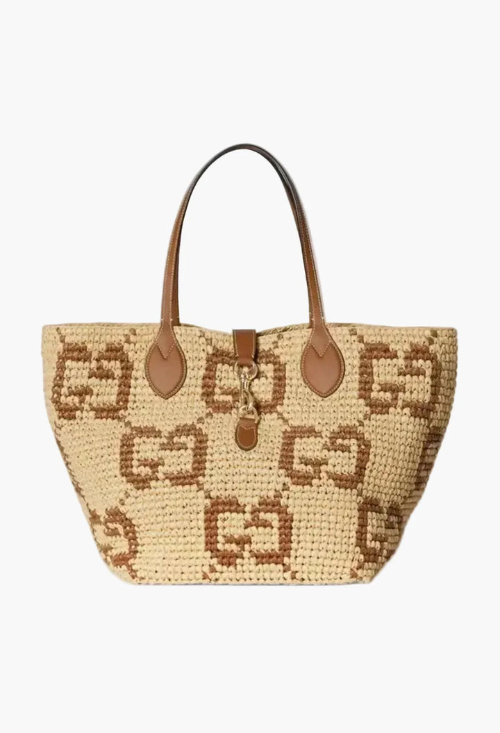 Natural And Black GG Raffia-Effect Fabric - Woven Medium Tote Bag