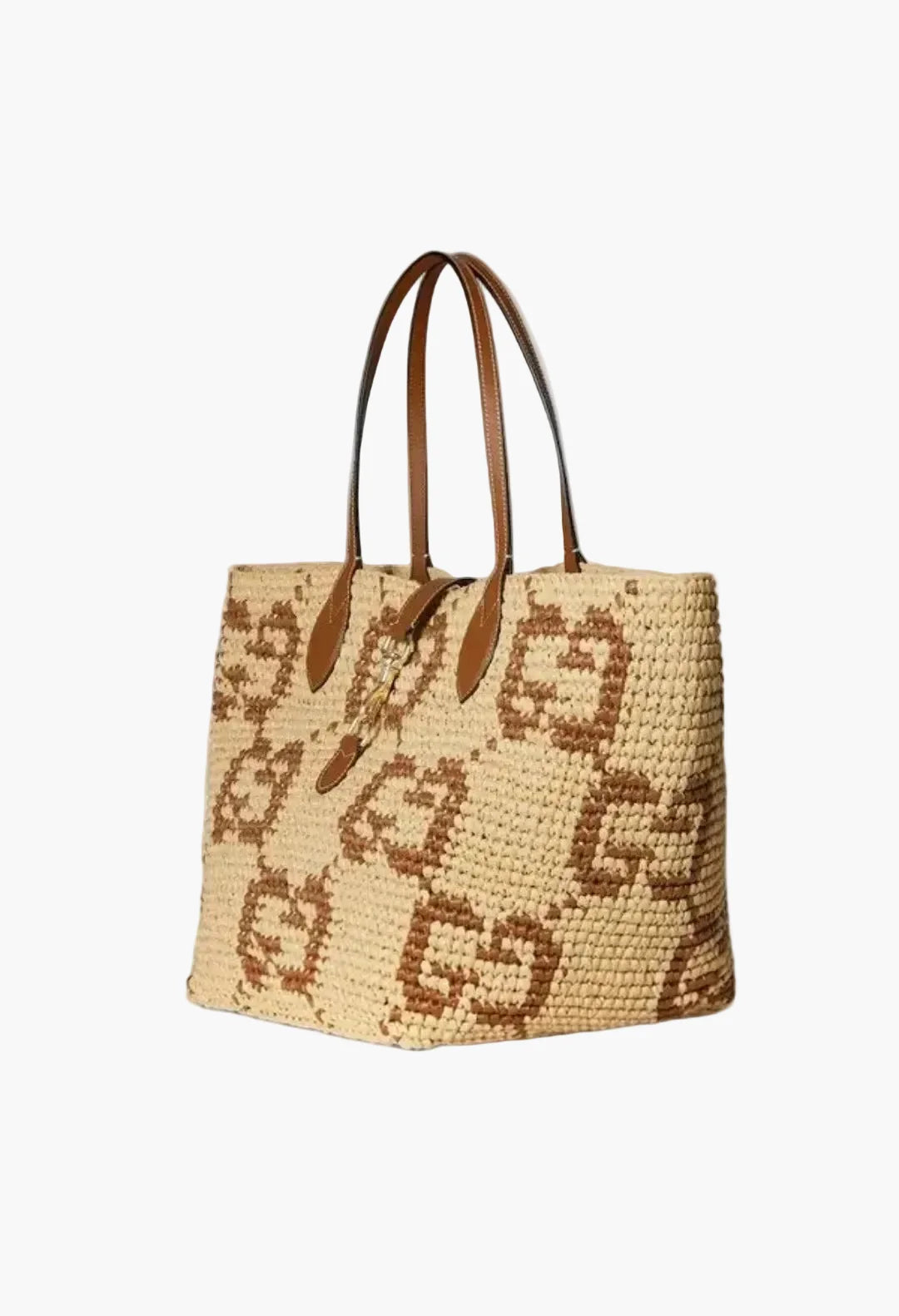 Natural And Black GG Raffia-Effect Fabric - Woven Medium Tote Bag