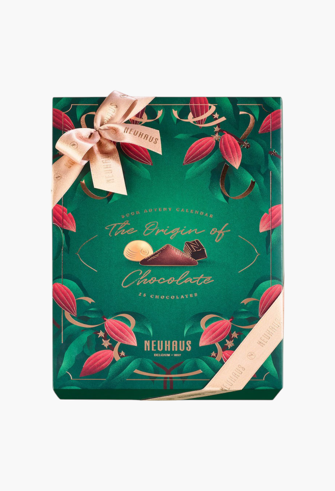 GLAM MODA Neuhaus chocolate book advent calendar in green with gold ribbon and cocoa bean illustrations