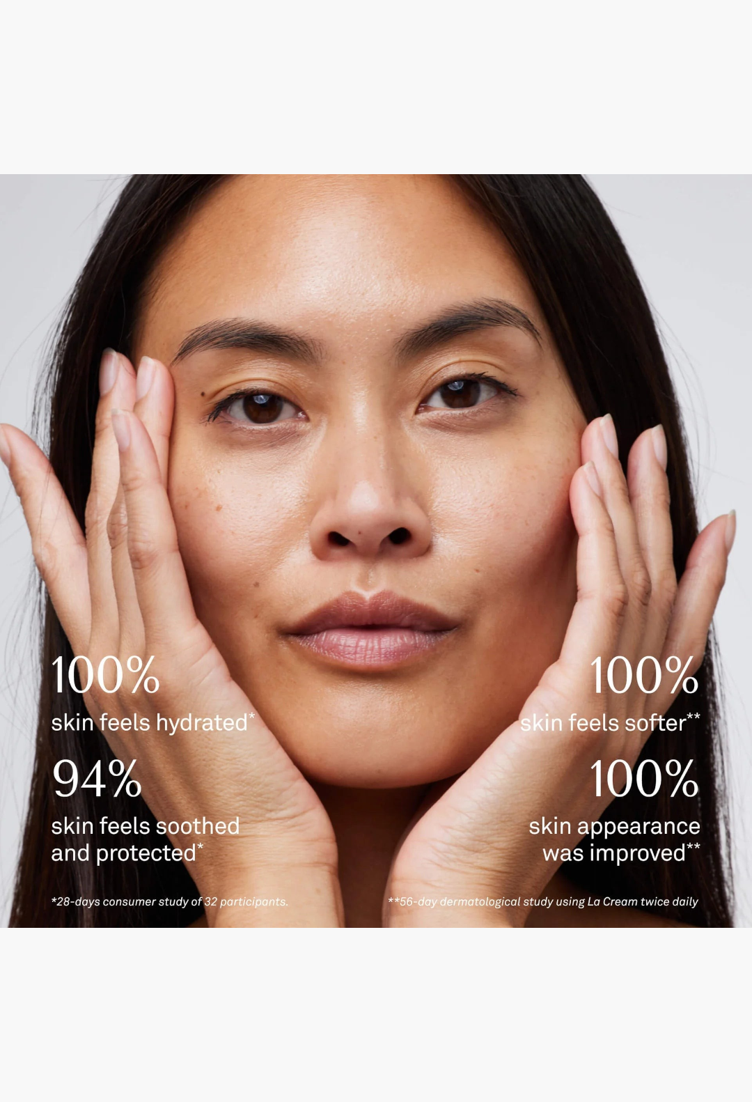GLAM MODA skincare model applying La Cream and Le Balm for hydrated, soothed, and improved skin appearance.