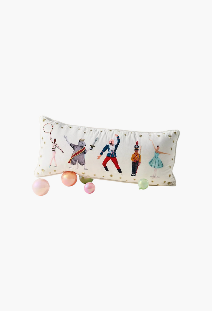 GLAM MODA rectangular cotton throw pillow featuring embroidered Nutcracker ballet characters and gold stars
