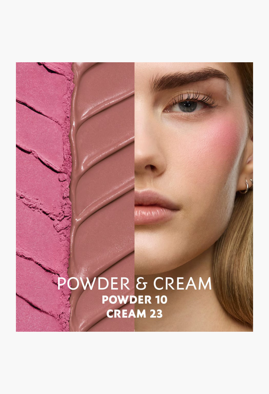 GLAM MODA Make Me Blush cream blush swatch and model wearing a vibrant pink dewy finish on cheek
