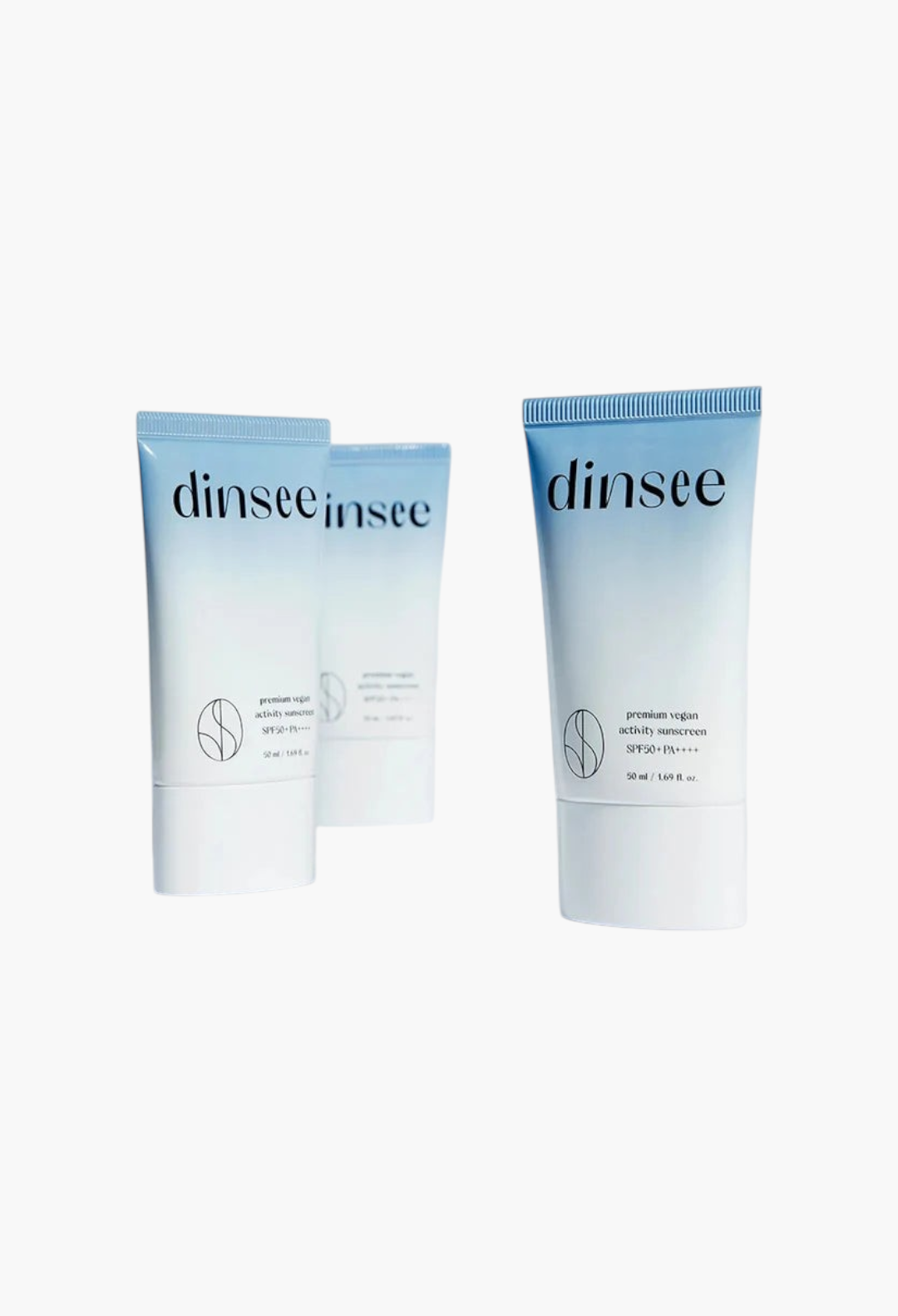 GLAM MODA Dinsee Premium Vegan Activity Sunscreen SPF50+ PA++++ in white and blue gradient tubes on a white background