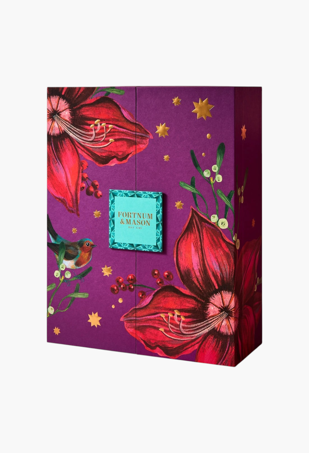 GLAM MODA Fortnum's Beauty Advent Calendar in purple with floral illustrations, gold stars, and a central teal label.