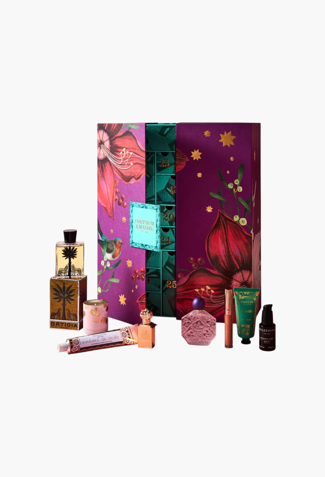 GLAM MODA Fortnum's Beauty Advent Calendar with floral purple box and assorted luxury skincare and fragrance products.