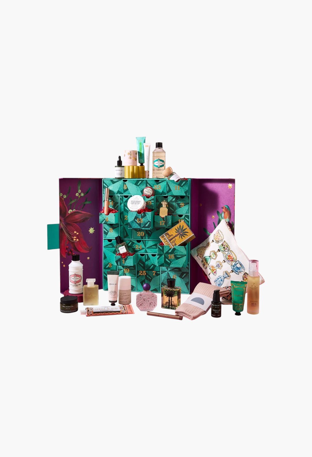 GLAM MODA beauty advent calendar with 25 skincare, fragrance, and wellness products displayed in a green drawer box.