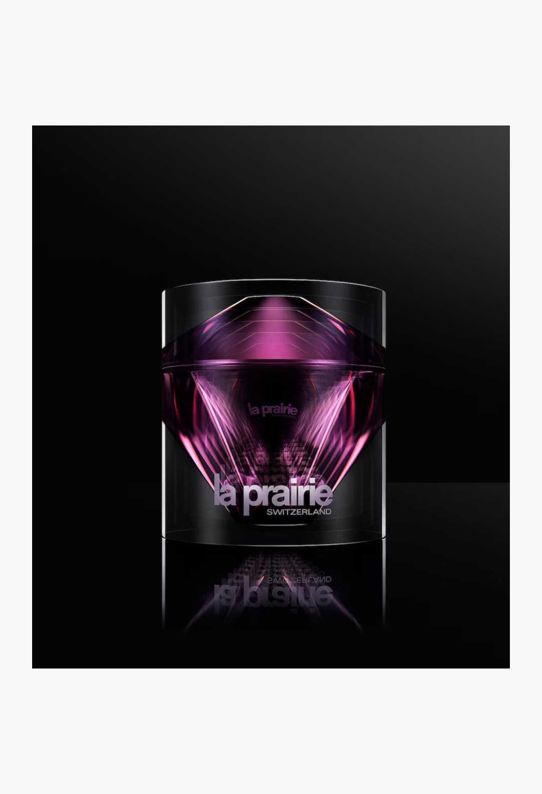 GLAM MODA La Prairie Platinum Rare Haute-Rejuvenation Cream in a luxurious purple and black faceted glass jar