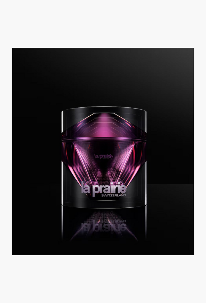 GLAM MODA La Prairie Platinum Rare Haute-Rejuvenation Cream in a luxurious purple and black faceted glass jar