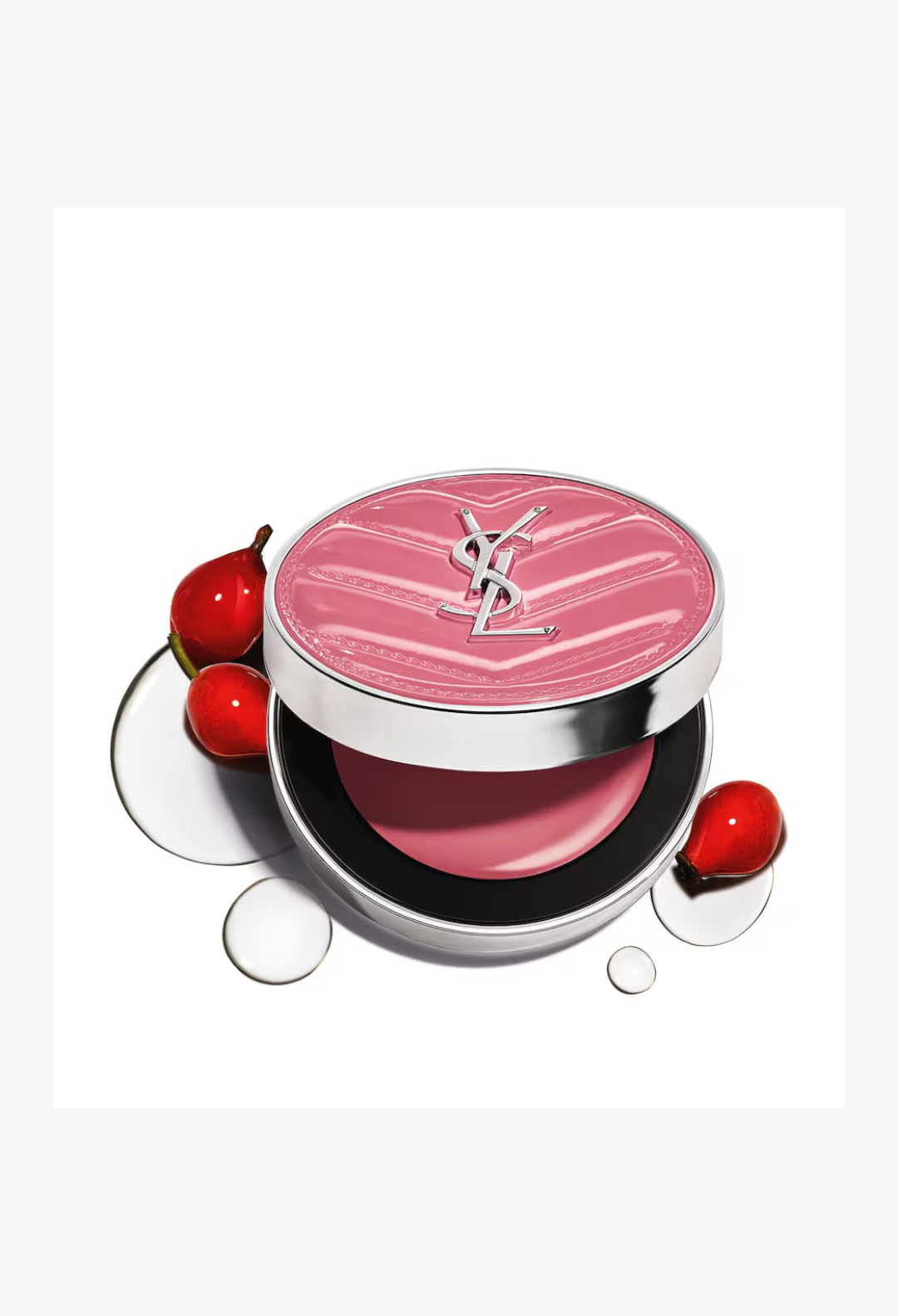 GLAM MODA YSL Make Me Blush cream blush compact with pink pigment and rosehip fruit extract on a white background