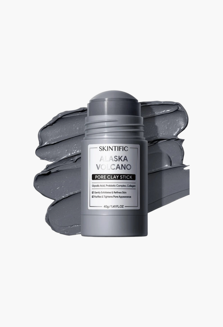 GLAM MODA Alaska Volcano Pore Clay Stick with charcoal and volcanic clay for deep pore cleansing and oil control.