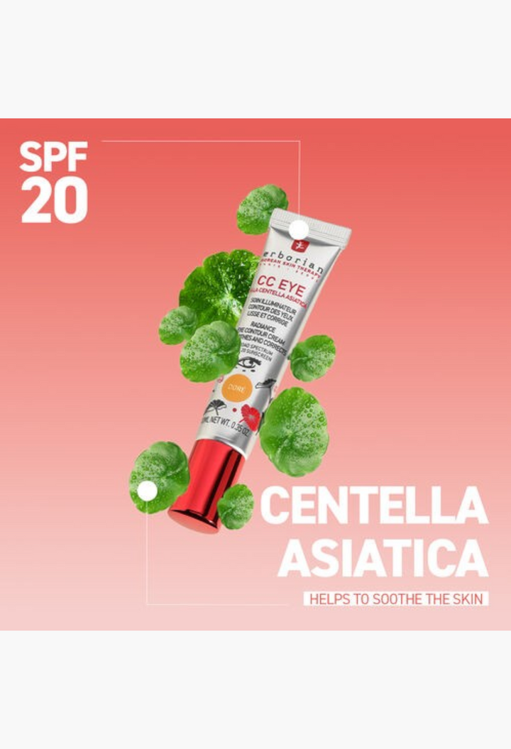 GLAM MODA Erborian CC Eye tinted cream with SPF 20 and centella asiatica leaves on a soft pink background