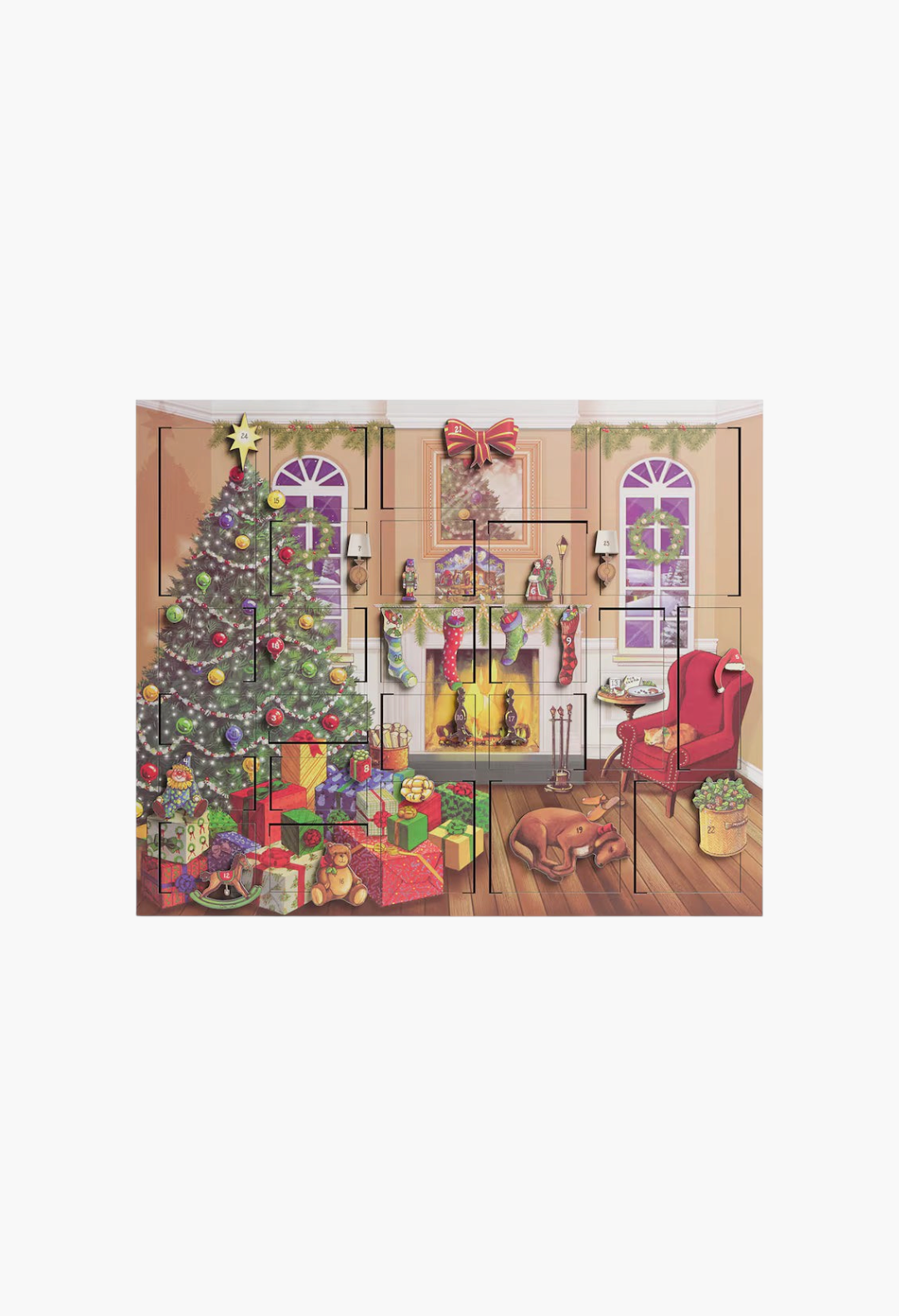 GLAM MODA wooden musical advent calendar featuring a festive fireside Christmas scene with tree, gifts, and dog.
