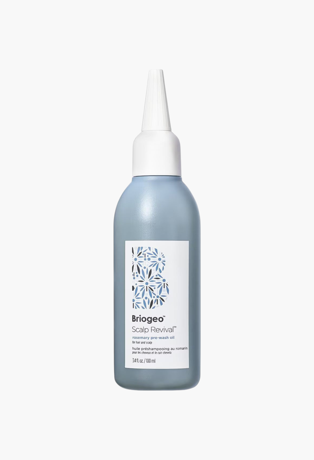 GLAM MODA Briogeo Scalp Revival rosemary pre-wash oil in a light blue bottle with a white precision applicator tip.