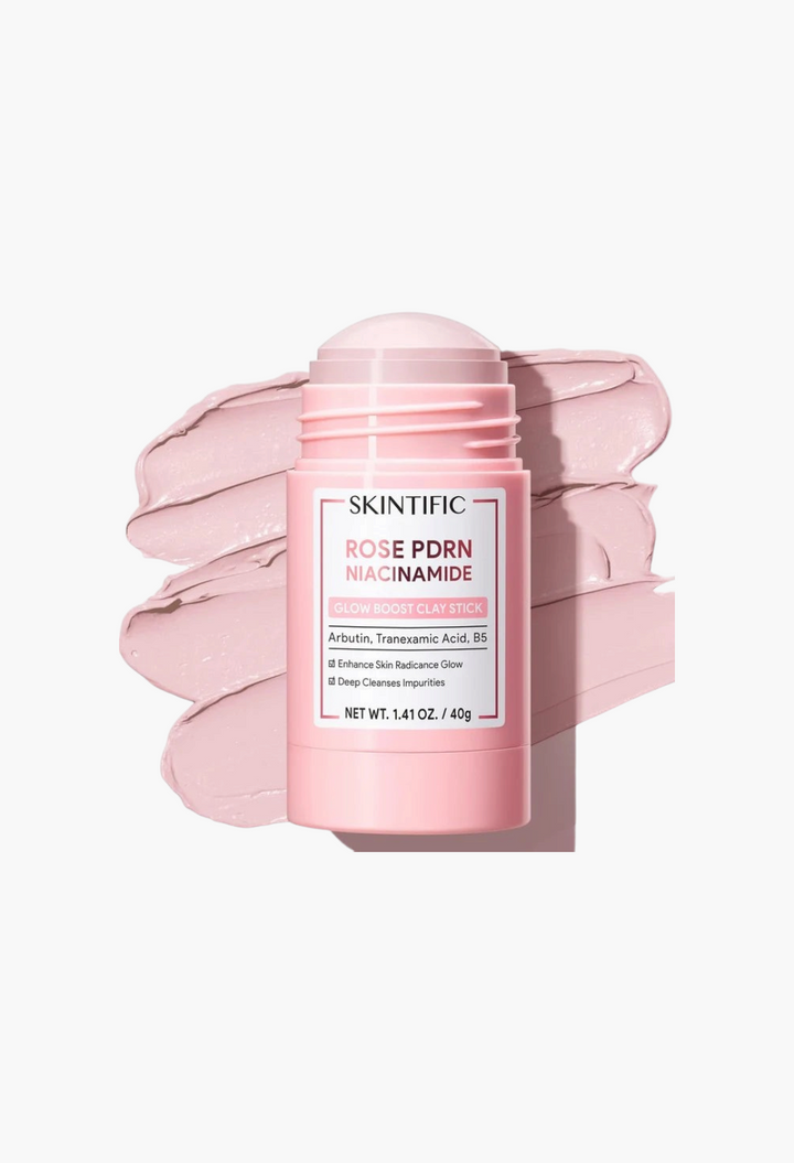 GLAM MODA Skintific Rose PDRN Niacinamide Glow Boost Clay Stick in a pink twist-up applicator with creamy clay texture.