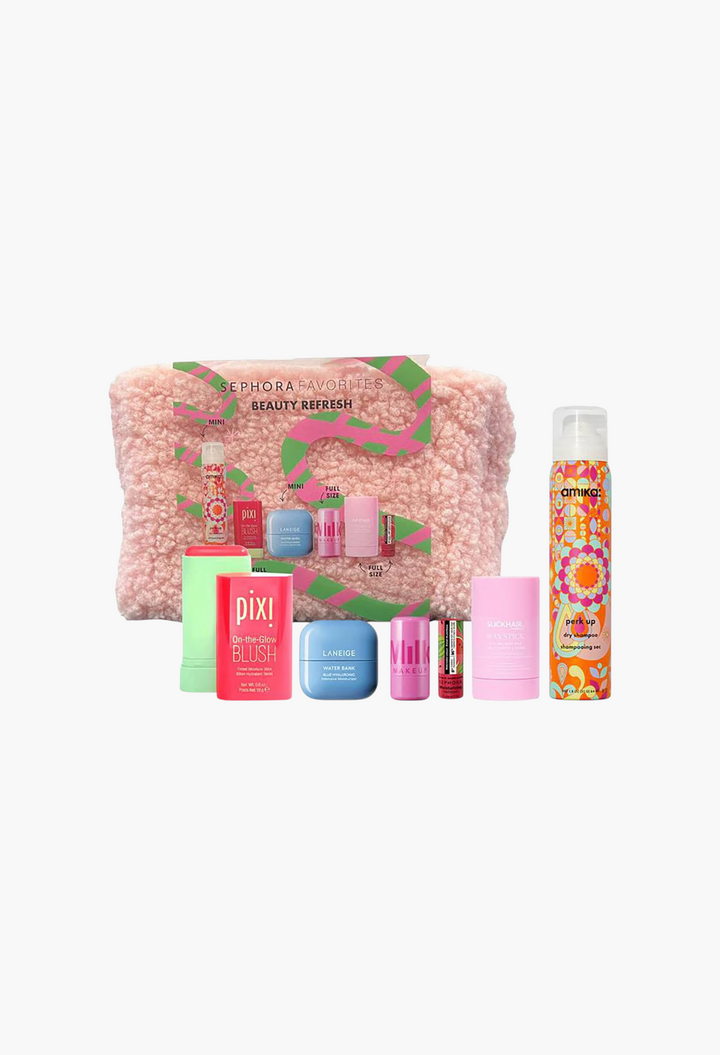 GLAM MODA Beauty Refresh skincare and makeup set featuring a pink fuzzy pouch and six assorted beauty products.