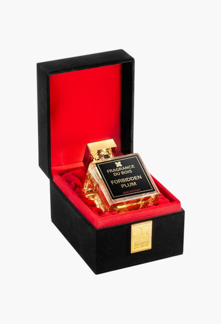 GLAM MODA Fragrance Du Bois Forbidden Plum Oud Extrait perfume bottle in a luxurious black and red velvet gift box