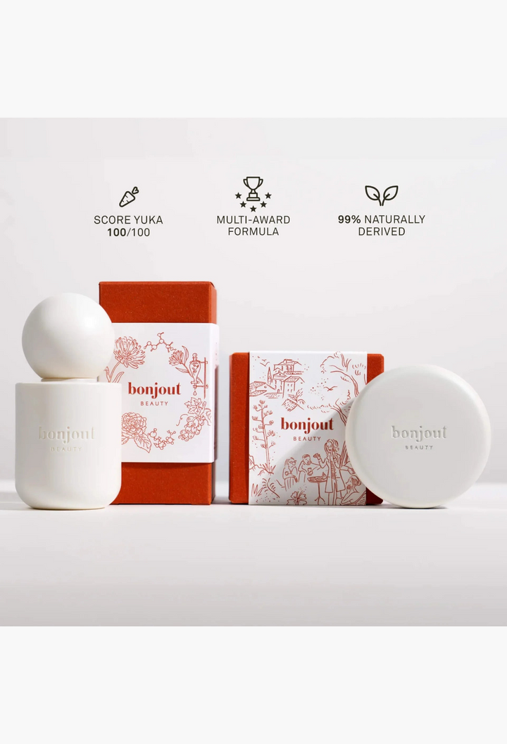 GLAM MODA Le Ritual skincare set featuring La Cream and Le Balm in white containers with orange illustrated boxes.