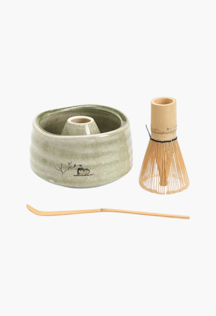 Cute Owl Ceramic Chawan With Bamboo Whisk And Chasen Holder Matcha Tea Ceremony Set - GLAM MODA