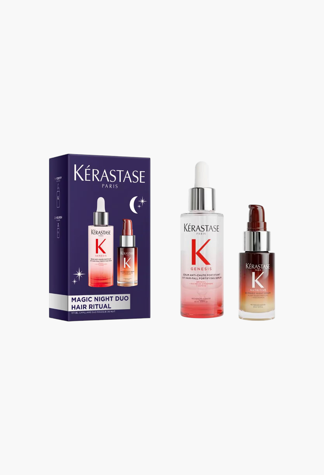 GLAM MODA Kérastase Magic Night Duo hair ritual set featuring a Genesis fortifying serum and 8H Magic Night serum.