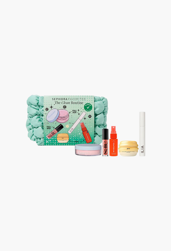 GLAM MODA The Clean Routine beauty set featuring makeup, skincare, and haircare products in a mint green pouch.