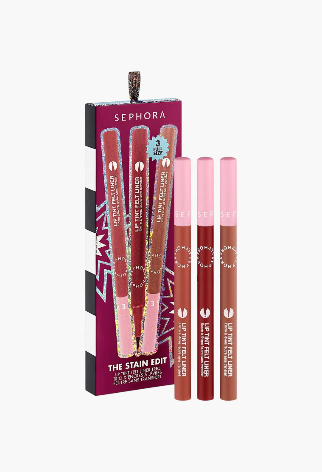 GLAM MODA SEPHORA COLLECTION The Stain Edit lip tint felt liner trio featuring three long-lasting transfer-proof pens.