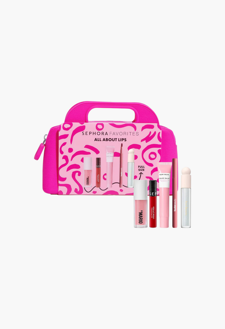 GLAM MODA All About Lips set featuring five full-size lip products in a vibrant pink cosmetic pouch.