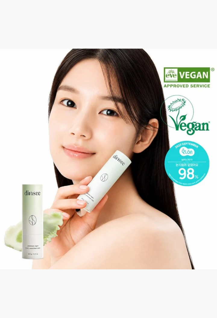 GLAM MODA Dinsee vegan 3-in-1 sunscreen stick with SPF50+ PA++++ held by a woman for daily UV protection and skincare.
