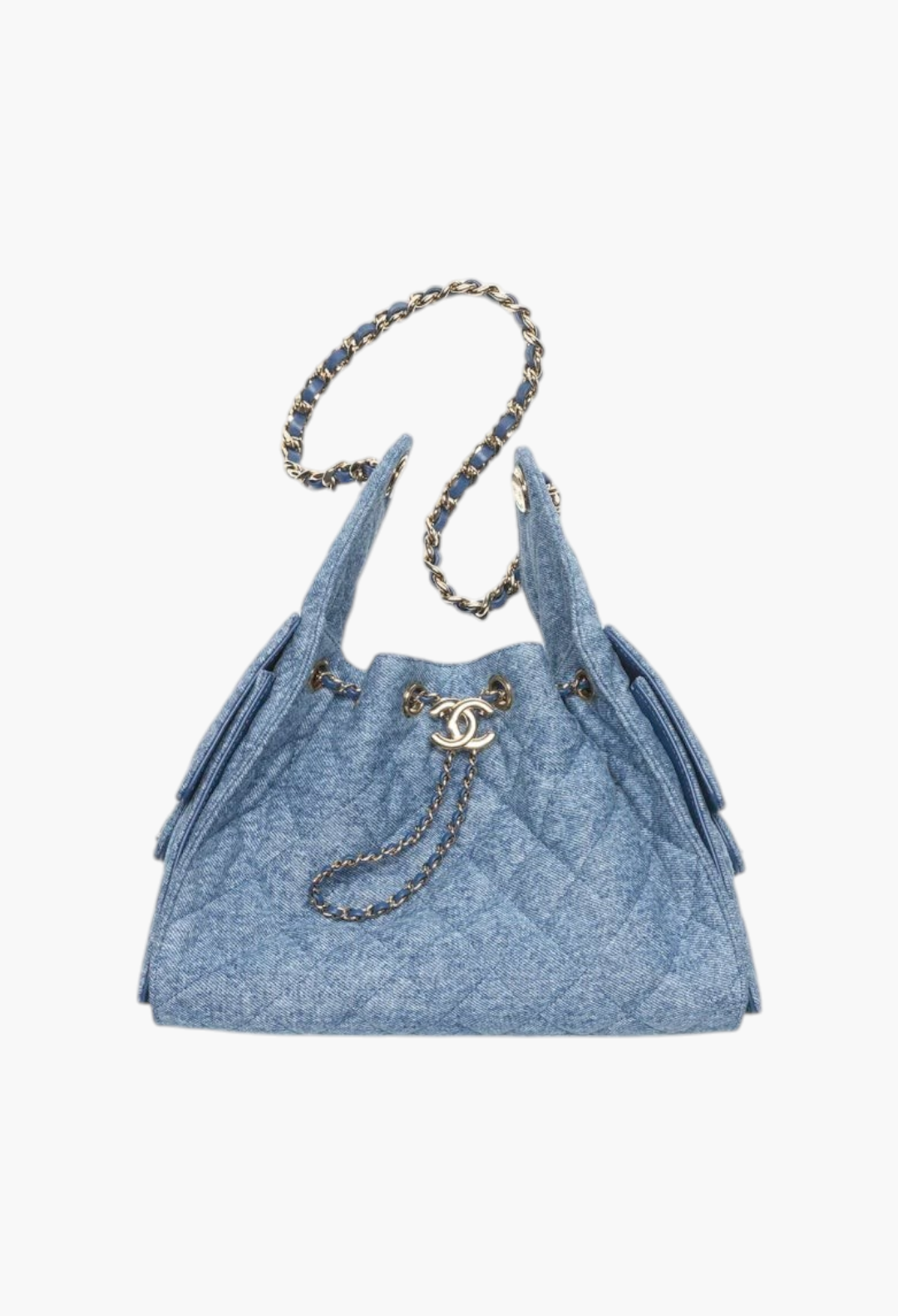 GLAM MODA CHANEL 25 small handbag in blue washed denim with quilted texture and gold-tone metal chain strap