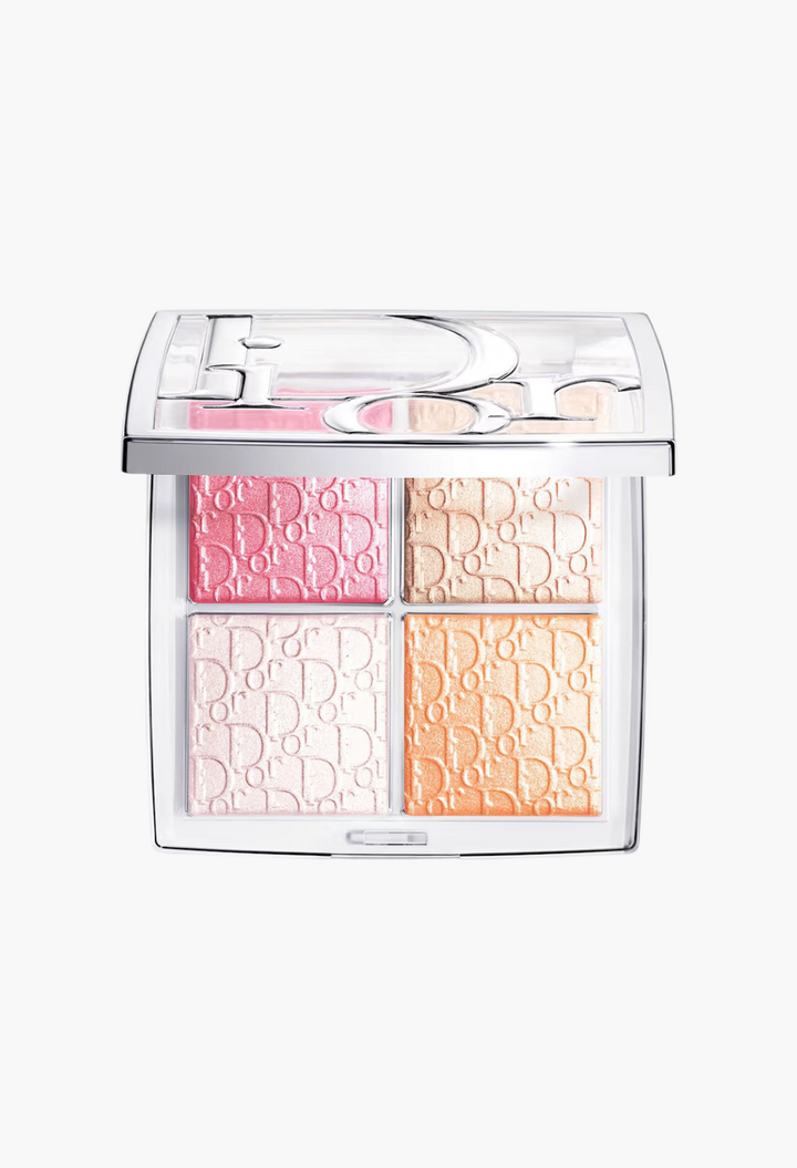GLAM MODA Dior Backstage Glow Maximizer Palette featuring four luminous, embossed powder highlighters in a compact case.