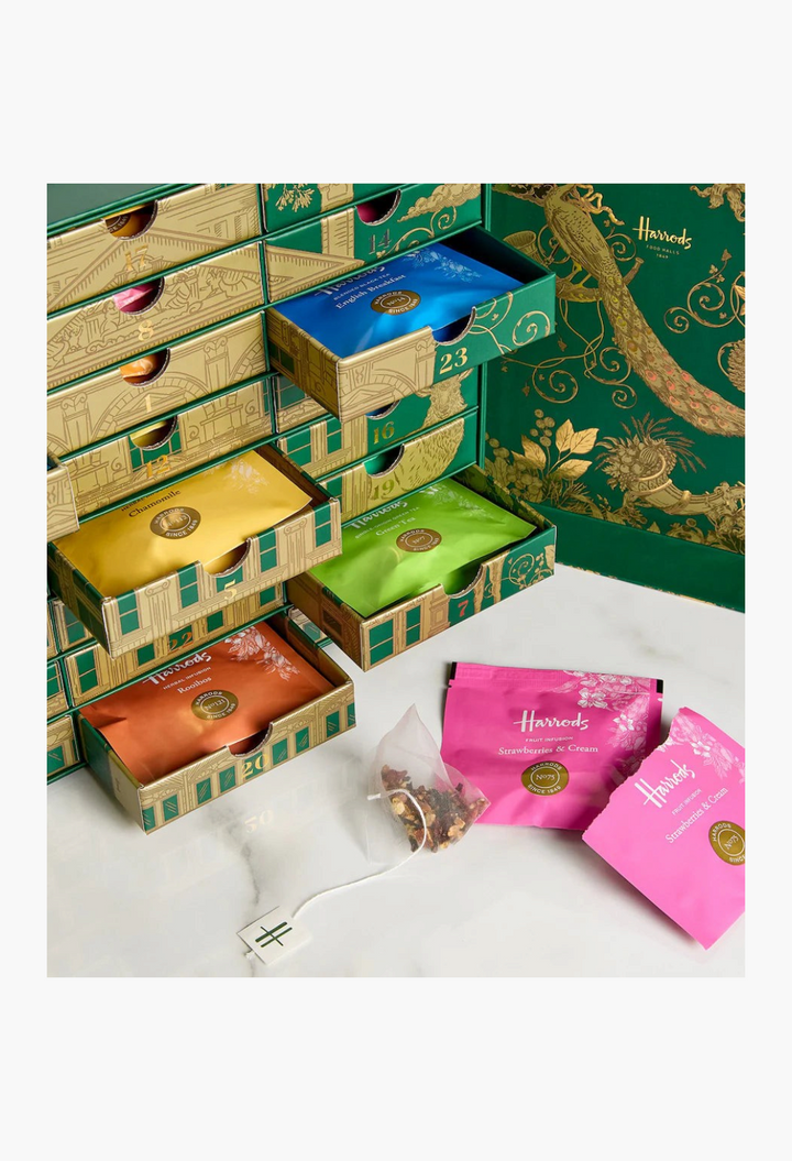 GLAM MODA Tea Lovers advent calendar with green decorative box and assorted colourful tea bags for Christmas