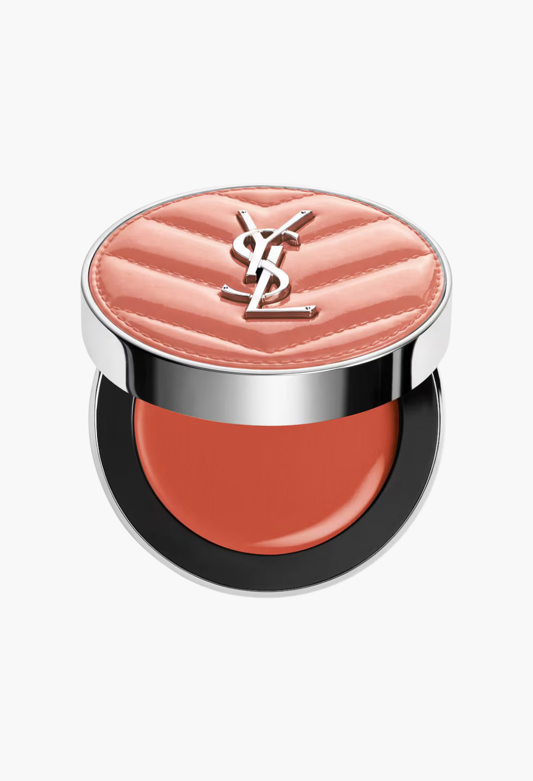 GLAM MODA YSL Make Me Blush cream blush in a coral shade with a quilted lid and silver logo, featuring a dewy finish.