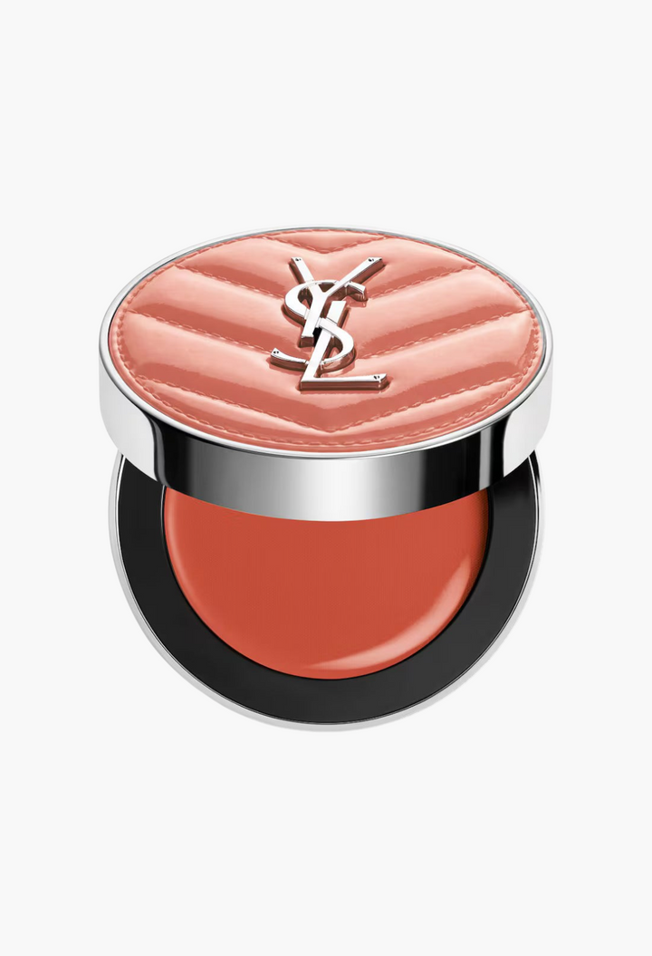 GLAM MODA YSL Make Me Blush cream blush in a coral shade with a quilted lid and silver logo, featuring a dewy finish.