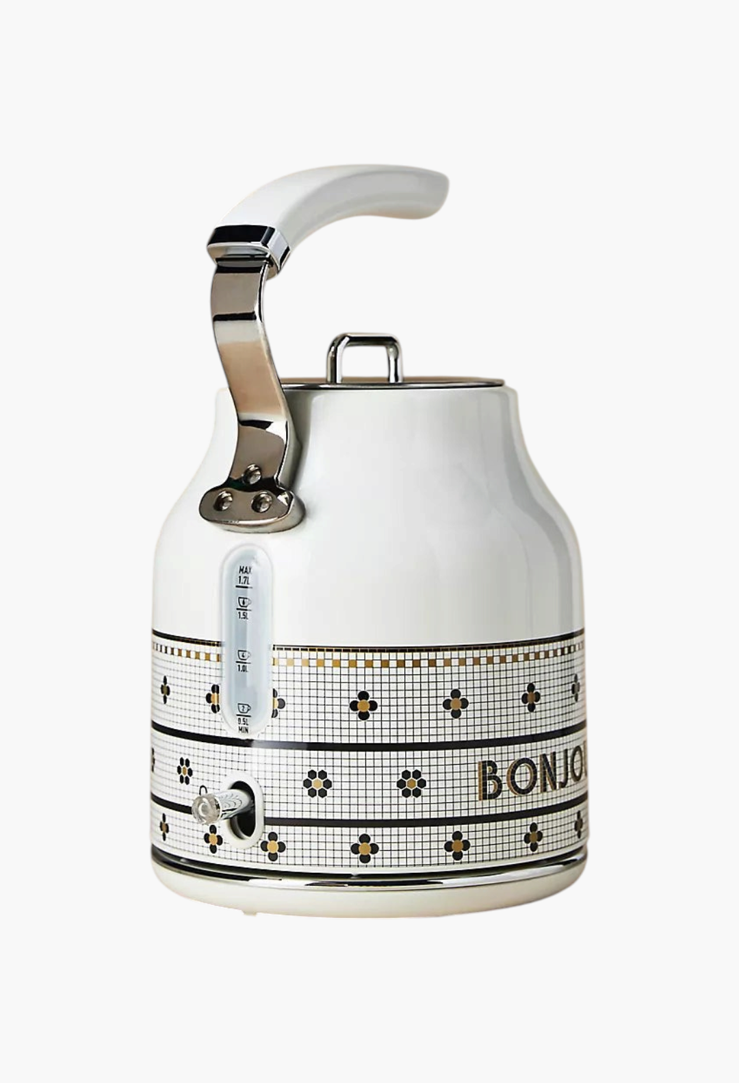 GLAM MODA Bistro Tile electric kettle with white finish, mosaic pattern, and 24k gold accents on a 1.7L stainless body