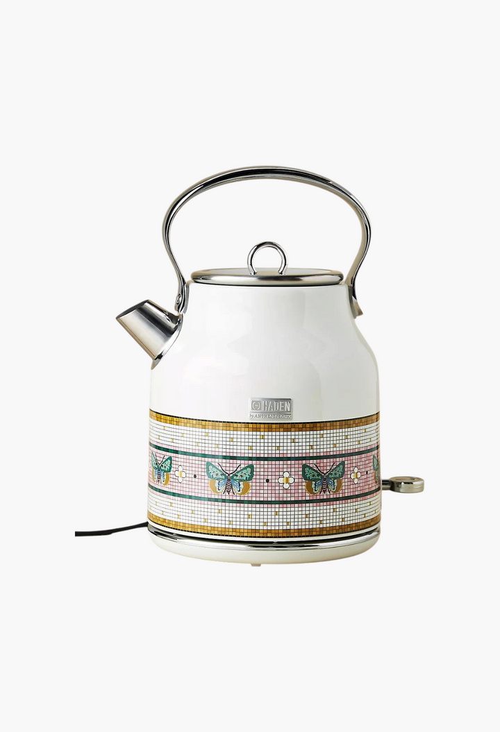 GLAM MODA Bistro Tile x Haden electric kettle with white finish, butterfly mosaic pattern, and 24k gold accents.