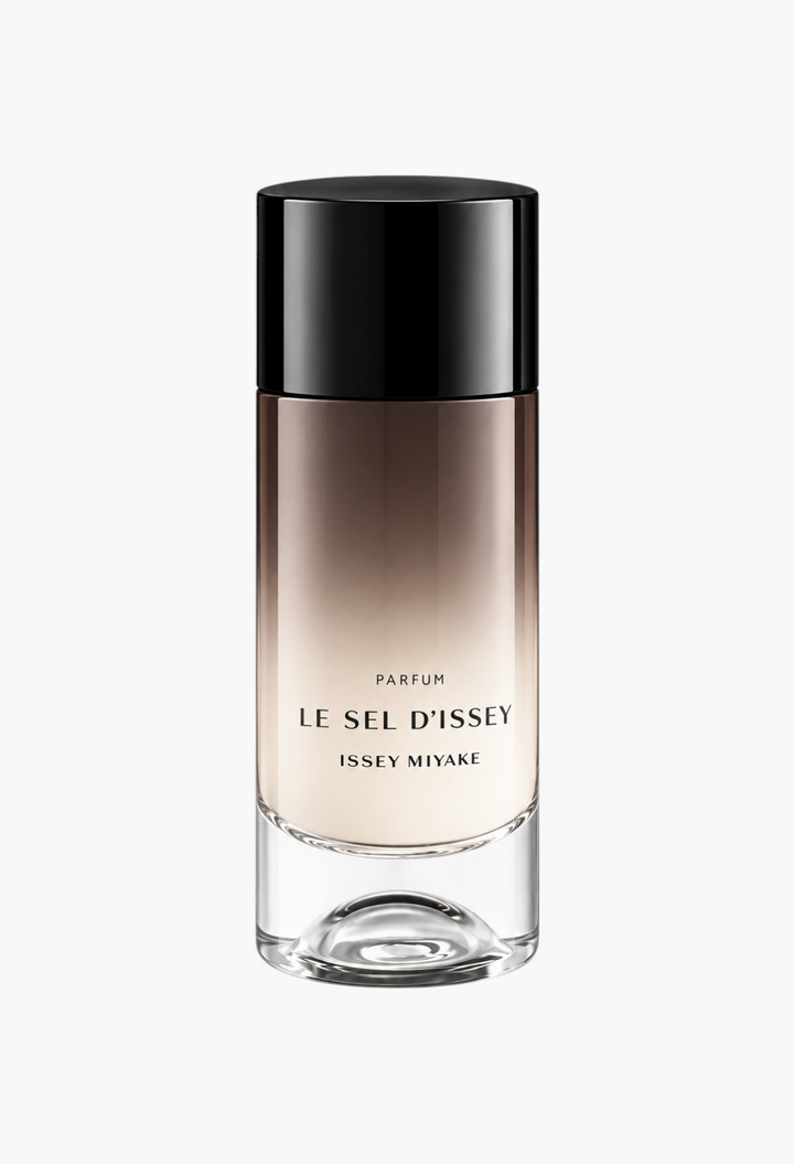 GLAM MODA Issey Miyake Le Sel Parfum bottle with a glossy black cap and dark gradient glass design for men.