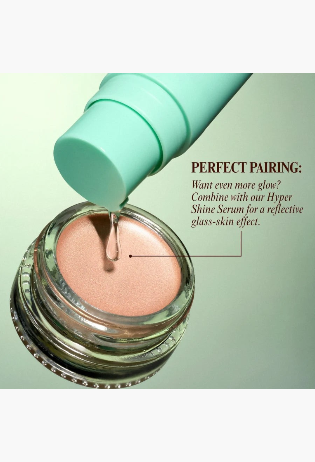 GLAM MODA Hyper Shine Lite Pigment in a glass jar with a serum dropper, creating a radiant, luminous glow.