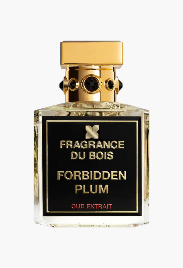 GLAM MODA Fragrance Du Bois Forbidden Plum Oud Extrait perfume bottle with a gold cap and black label.