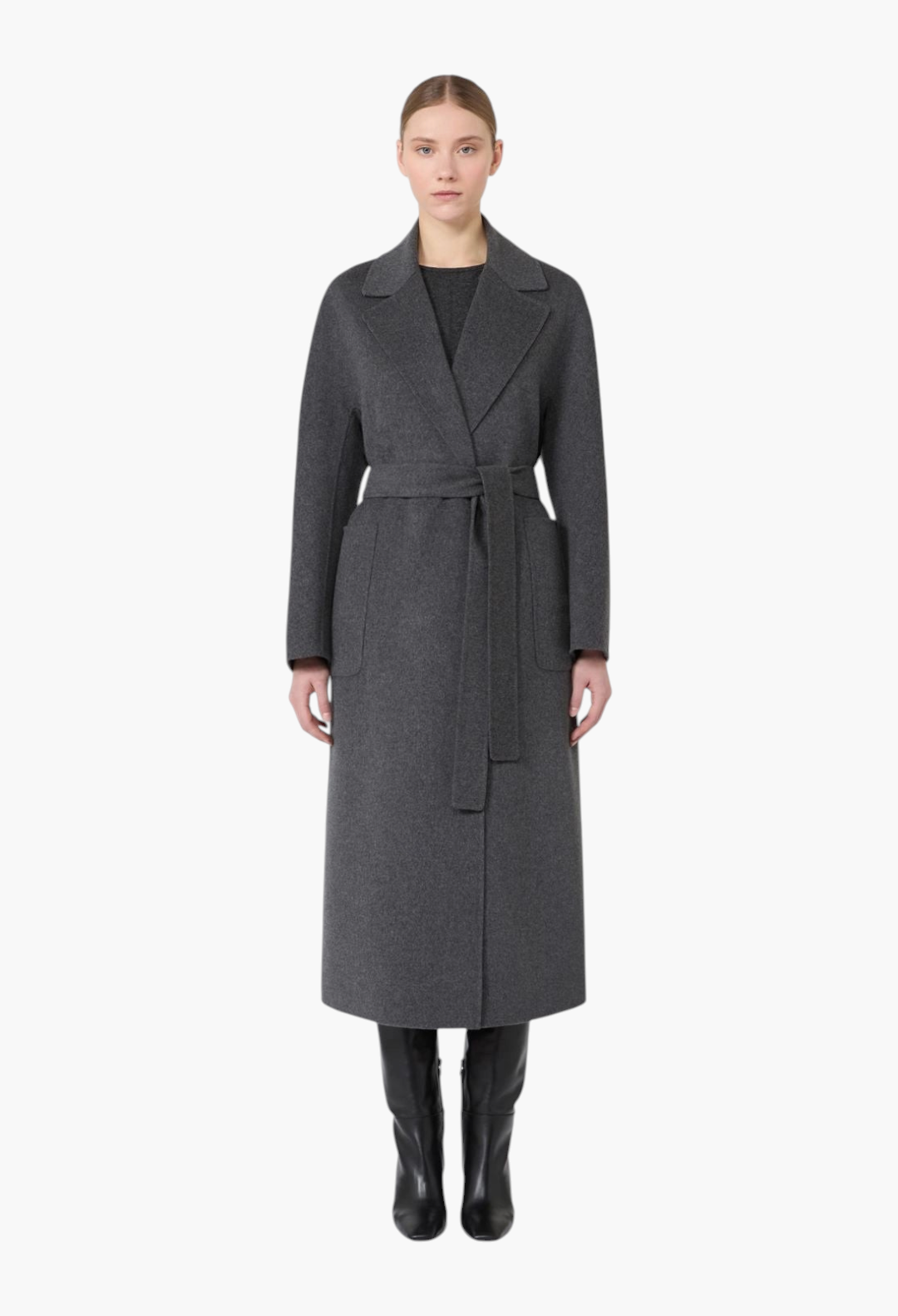 GLAM MODA long charcoal grey wool wrap coat with a lapel collar, matching belt, and patch pockets on a model