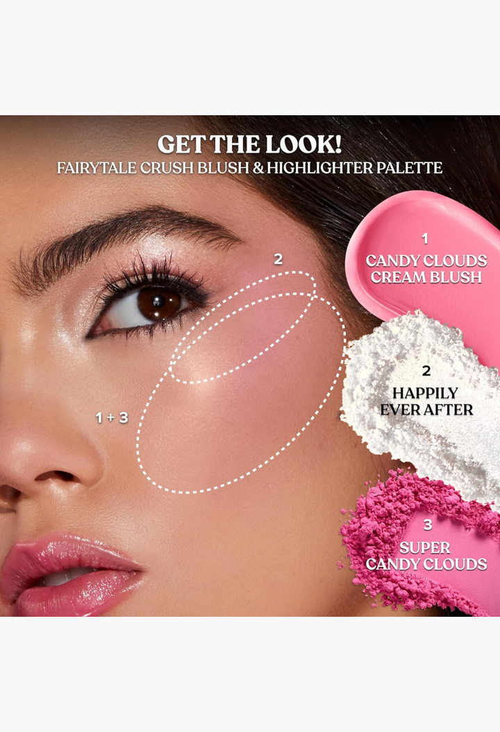 GLAM MODA Too Faced Fairytale Crush makeup palette tutorial showing cream blush, highlighter, and powder blush