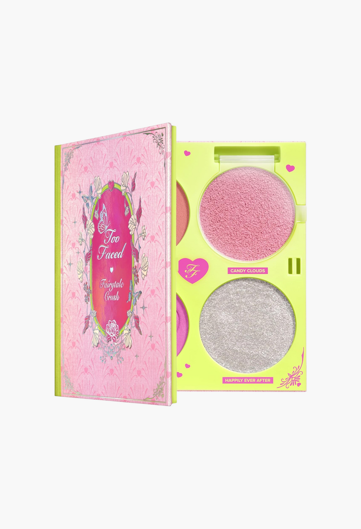 GLAM MODA Too Faced Fairytale Crush makeup palette with pink powder blush and shimmering highlighter in a book case.