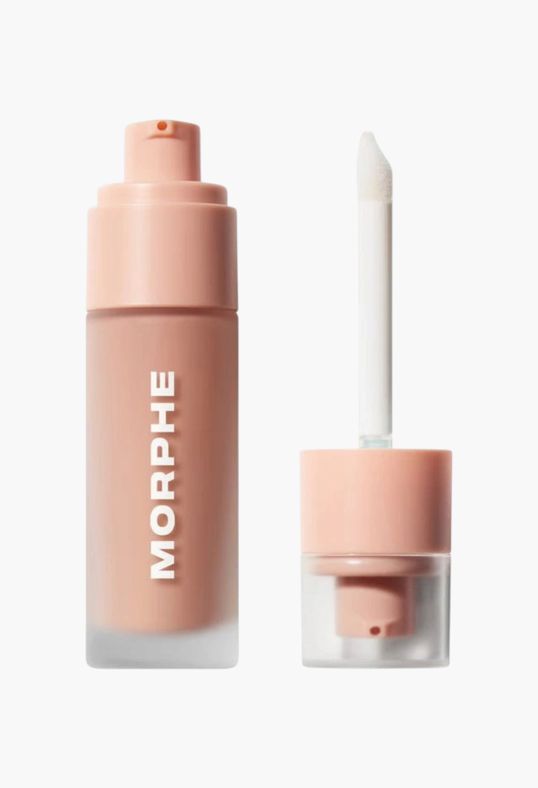 GLAM MODA Morphe Complexion Boost Peptide Glow Serum in a peach-toned frosted glass bottle with a doe-foot applicator.